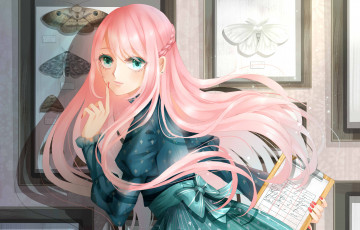 Картинка аниме unknown +другое девушка бабочки знак тишины коса улыбка розовые волосы бант
