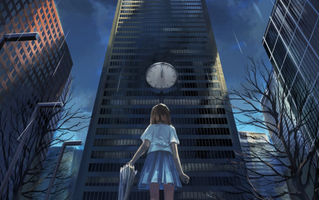 Обои картинки фото аниме, город,  улицы,  здания, девочка, арт, дождь, дома, часы, зонт, здания