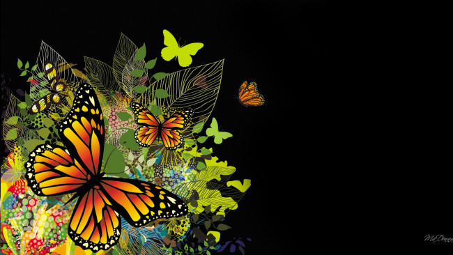 Обои картинки фото векторная графика, животные , animals, листья, бабочки