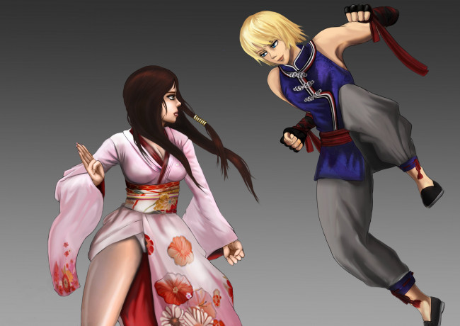 Обои картинки фото аниме, tekken,  blood vengeance, фон, девушки, кимоно, взгляд