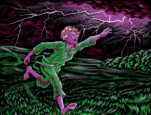 Картинка рисованное люди человек бег гроза трава молнии