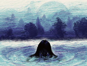 Картинка фэнтези нежить ночь озеро голова