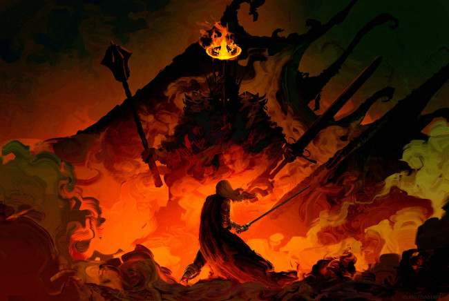 Обои картинки фото видео игры, middle-earth,  shadow of mordor, монстр, воин, меч, огонь