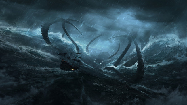Обои картинки фото фэнтези, существа, гигантский, спрут, корабль, шторм, непогода