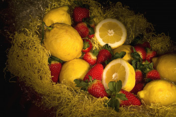 Картинка еда фрукты ягоды клубника лимоны
