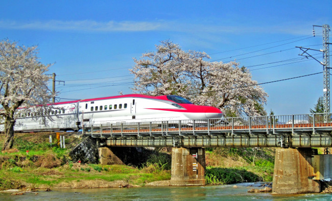Обои картинки фото техника, поезда, река, скоростной, поезд, жележная, дорога, мост