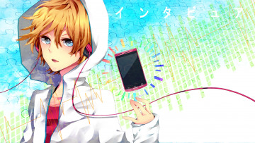Картинка аниме -headphones+&+instrumental взгляд 96neko nico singer наушники телефон парень yuuchi art жест