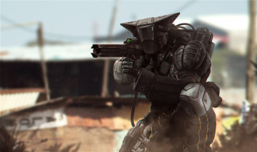 Картинка фэнтези роботы +киборги +механизмы оружие шлем будущее солдат доспехи стрельба