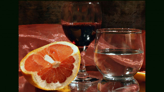 Обои картинки фото рисованное, еда, картина, маслом, апельсин, вино, в, бокале, натюрморт