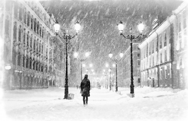 Обои картинки фото рисованное, города, рисунок, зимой, акварель, зима, фонари