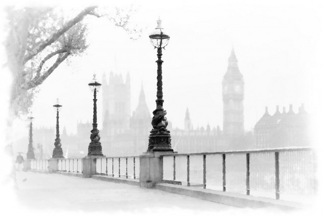 Обои картинки фото рисованное, города, рисунок, акварель, фонари, лондон