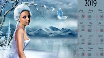 обоя календари, фэнтези, лед, бабочка, снег, девушка