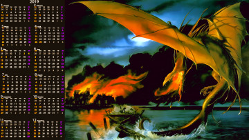 Картинка календари фэнтези огонь пожар водоем дракон