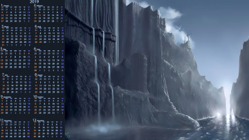 Картинка календари фэнтези скала гора камень водоем водопад
