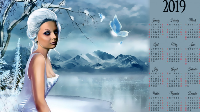 Обои картинки фото календари, фэнтези, лед, бабочка, снег, девушка