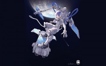 Картинка аниме оружие +техника +технологии девушка скафандр земля космос механизм