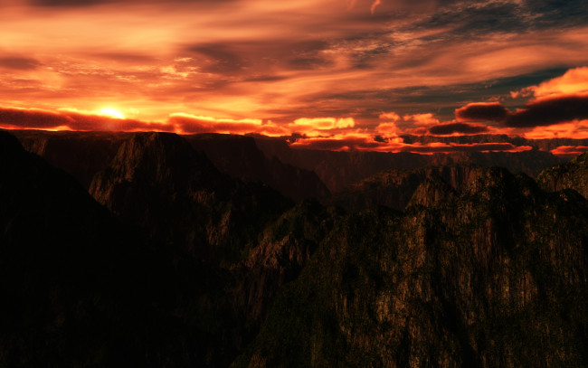 Обои картинки фото burning, sunset, 3д, графика, nature, landscape, природа, горы, закат, небо