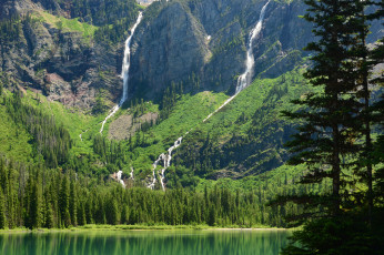 обоя avalanche, lake, glacier, national, park, montana, природа, водопады, горы, монтана, озеро, глейшер