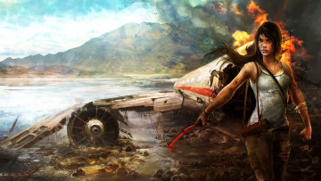 Картинка lara+croft+tomb+raider +the+action+adventure видео+игры девушка река самолет фон взгляд