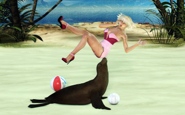Картинка 3д+графика юмор+ humor тюлень девушка мячи фон взгляд