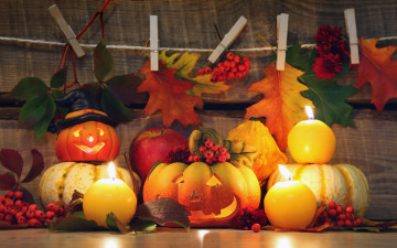 обоя праздничные, хэллоуин, тыквы, осень, свечи, листья