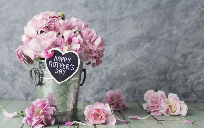 Обои картинки фото цветы, гвоздики, happy, ведро, romantic, pink, лепестки, vintage, розовые, wood, beautiful, flowers, mother's, day