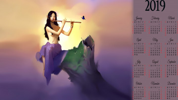 Картинка календари фэнтези 2019 calendar музыка бабочка флейта девушка