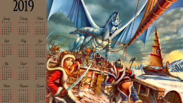 Картинка календари фэнтези calendar корабль оружие девушка дракон 2019