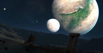 Картинка космос арт руины ландшафт планеты озеро скалы камни арки колонны звезды
