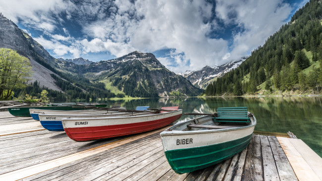 Обои картинки фото vilsalpsee, tyrol, austria, корабли, лодки, шлюпки, озеро, тироль, австрия, горы, пристань