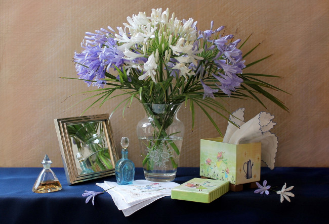 Обои картинки фото цветы, агапантус, африканская, лилия, букет, натюрморт, бутылочки