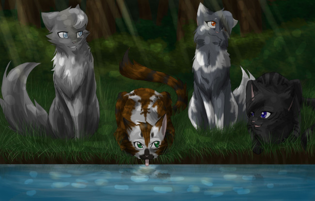 Обои картинки фото рисованные, животные,  коты, река, коты
