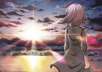 Картинка аниме seitokai+no+ichizon горы природа закат спина девушка sakurano kurimu солнце облака небо eden арт