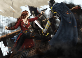 Картинка фэнтези девушки плащь броня мужчина сабля арт фантастика корабль маска пистолет пират девушка