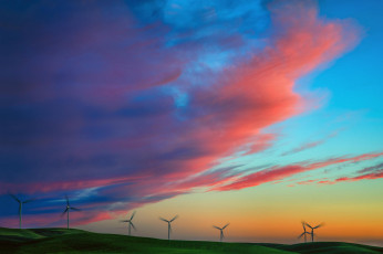 Картинка разное мельницы поле ветряки закат небо лето природа