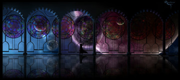 Картинка аниме unknown +другое окна девочка ночь силуэт храм планеты космос арки oright