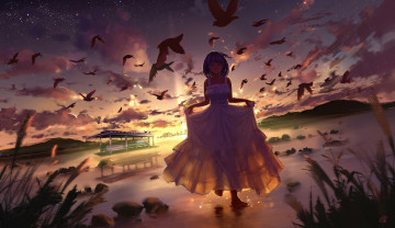 Картинка аниме город +улицы +здания горы улыбка звезды облака небо природа остановка птицы закат девушка mikan арт