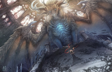Картинка аниме животные +существа купол руины cporing ступени парень дракон арт