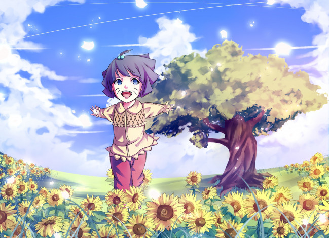 Обои картинки фото аниме, naruto, арт, подсолнухи, цветы, облака, небо, девочка, луг, дерево