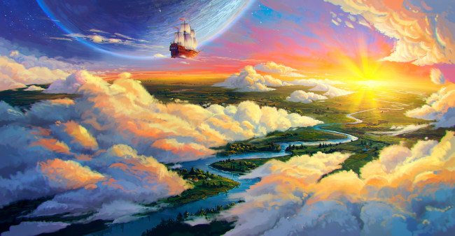 Обои картинки фото фэнтези, пейзажи, пейзаж, река, облака, планета, земля, корабль, арт