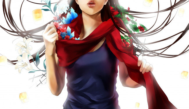 Обои картинки фото аниме, unknown,  другое, цветы, шарф, девушка, арт