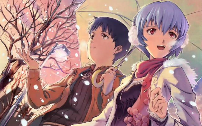 Обои картинки фото аниме, evangelion, дерево, снег, зонт, ayanami, rei, парень, девушка, umbreon, neon, genesis, ikari, shinji, улица, фонарь