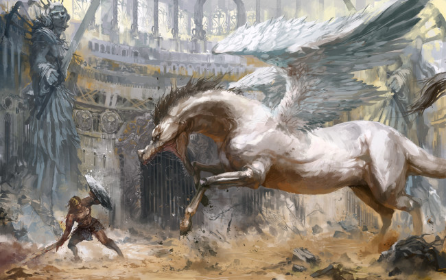 Обои картинки фото фэнтези, пегасы, геркулес, щит, меч, воин, крылья, пегас, конь, монстр, бой, арена