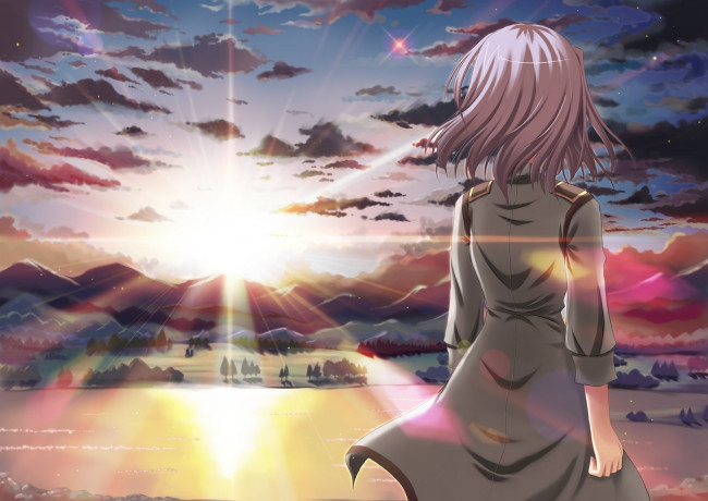 Обои картинки фото аниме, seitokai no ichizon, горы, природа, закат, спина, девушка, sakurano, kurimu, солнце, облака, небо, eden, арт