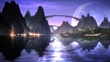 Картинка фэнтези пейзажи пейзаж горы мост озеро