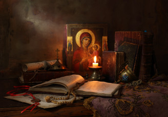 Картинка разное религия книги и свечи books and candle still life with icon