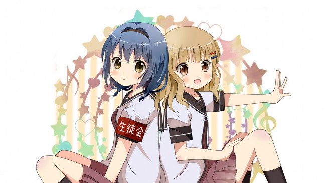 Обои картинки фото аниме, yuru yuri, девушки, фон, взгляд