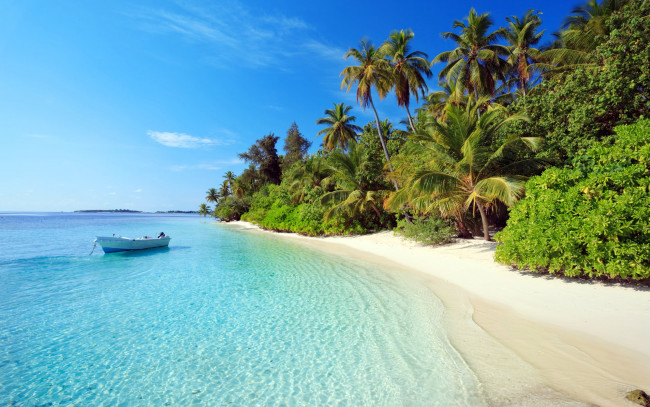 Обои картинки фото природа, тропики, мальдивы, остров, отдых, пальмы, лодка, пляж, море