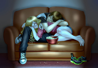 Картинка аниме unknown +другое+ фон мужчина девушка попкорн сон диван