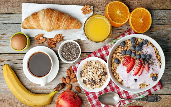 Обои картинки фото еда, мюсли,  хлопья, кофе, банан, сок, завтрак